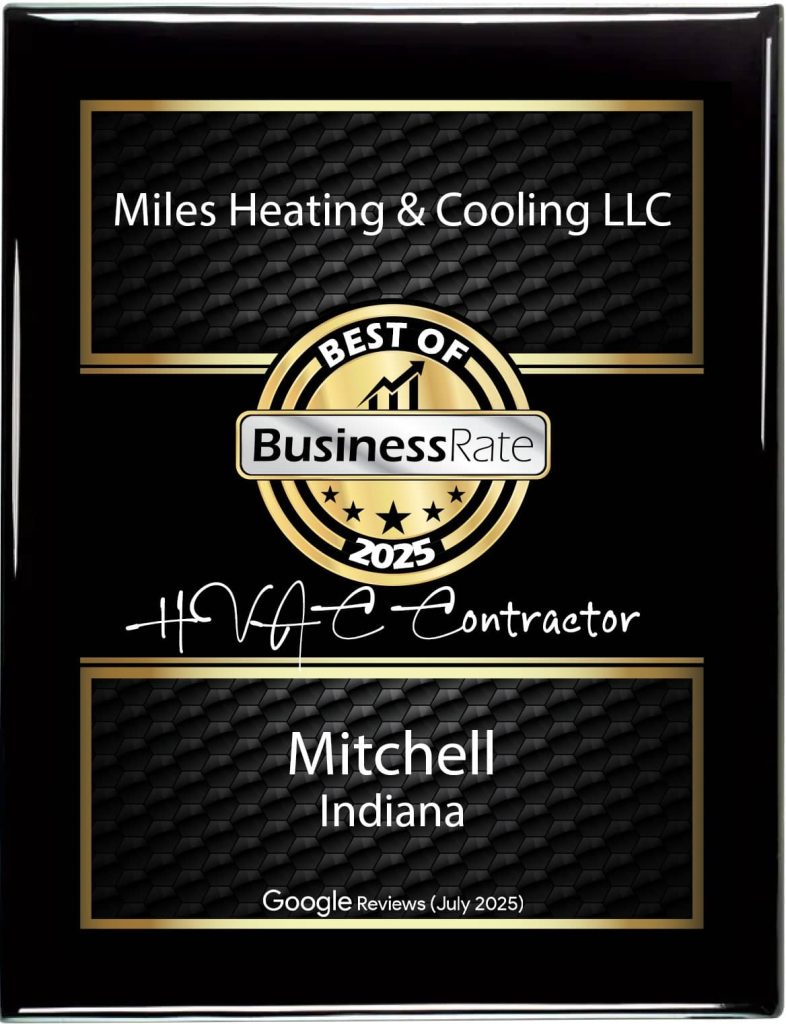 Award plaque for Miles Heating & Cooling LLC, named Best HVAC Contractor of 2025 in Mitchell, Indiana by BusinessRate, based on Google Reviews from July 2025.